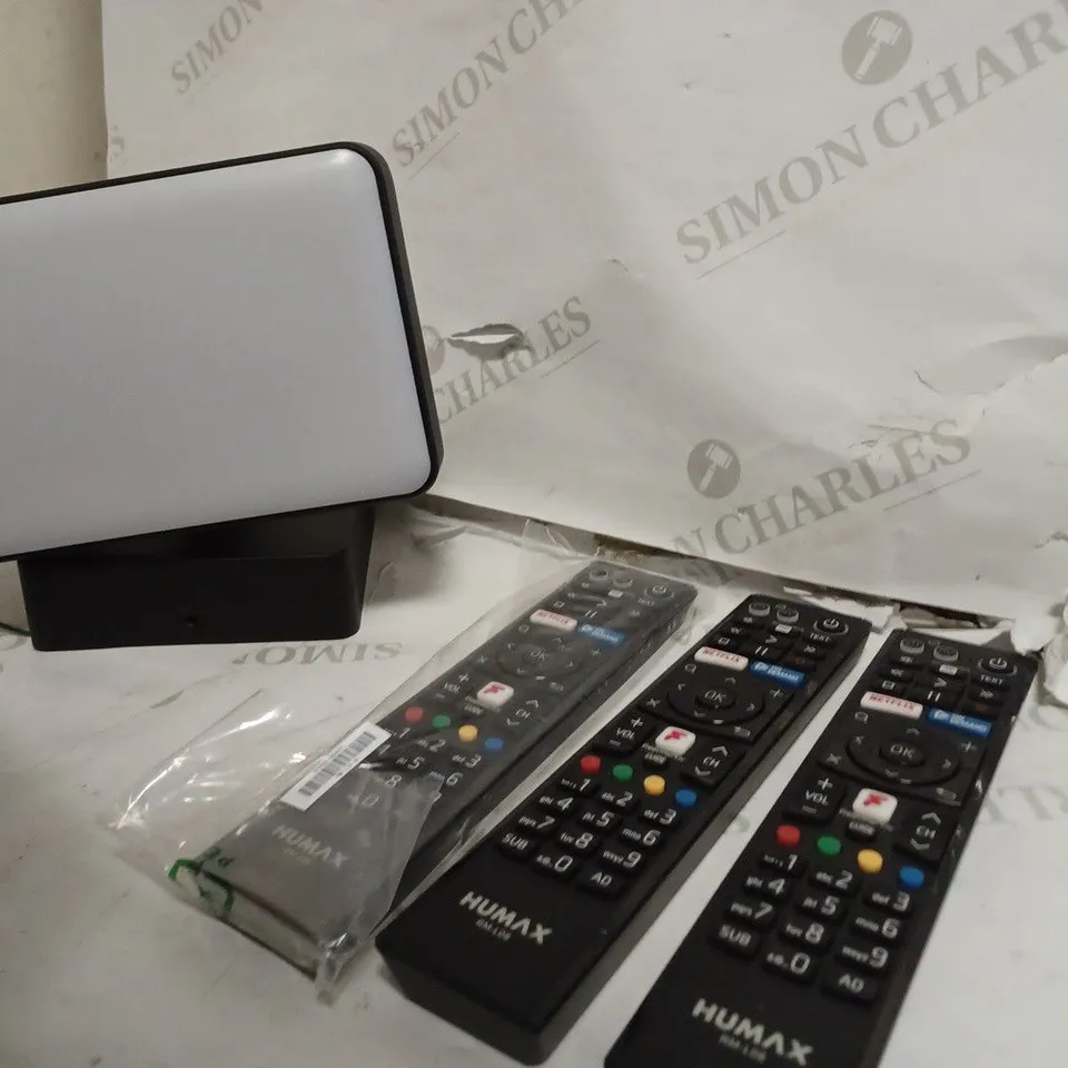 BOX OF ASSORTED ELECTRICALS INCLUDING 3 HUMAX REMOTES, PHILIPS HUE SMART CEILING LIGHT