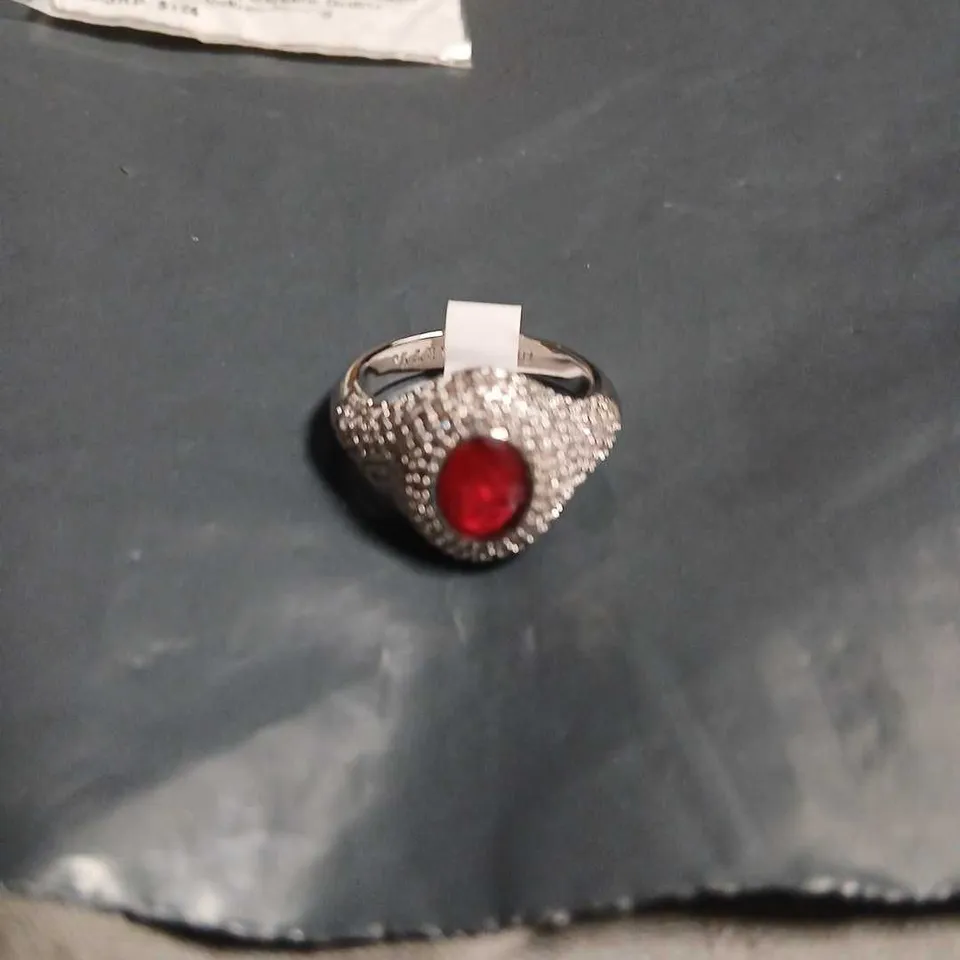 A LOVELY FEELING RING WITH RED LAB-CREATED RUBY FUSED WITH GENUINE QUARTZ – PAVÉ-SET SILVER-TONE
