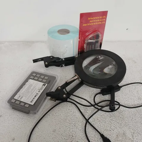 APPROXIMATELY 15 ASSORTED HOUSEHOLD ITEMS TO INCLUDE SCREW EXTRACTOR SET, PRINTER LABELS, MAGNIFIER, ETC