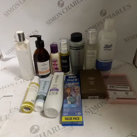 BOX OF ASSORTED COSMETIC ITEMS TO INCLUDE FALSE EYELASHES, CONDITIONER AND CALMING FACIAL OIL