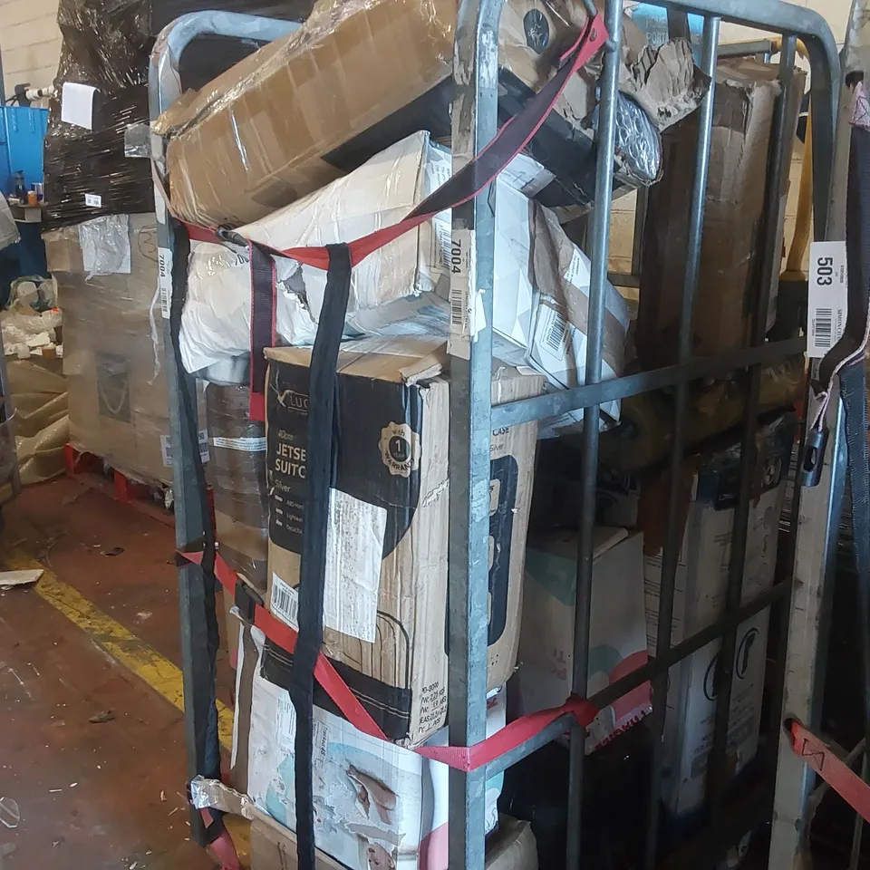 CAGE CONTAINING A LARGE QUANTITY OF ASSORTED ITEMS INCLUDING: SOFT PLAYPEN, BAMBOO SHOE RACK, PET CAR SEAT, SUITCASE ECT // CAGE NOT INCLUDED 