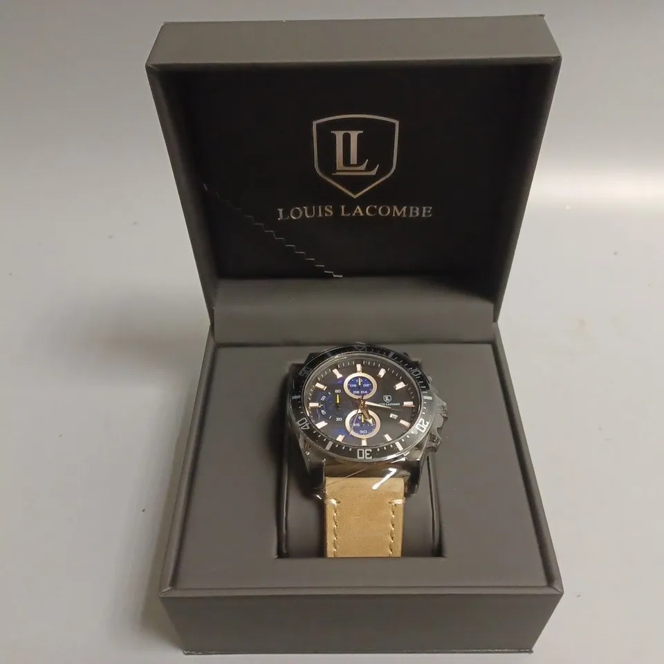 MENS LOUIS LACOMBE CHRONGRAPH WATCH – 3 SUB DIALS – BLACK CASE – LEATHER STRAP