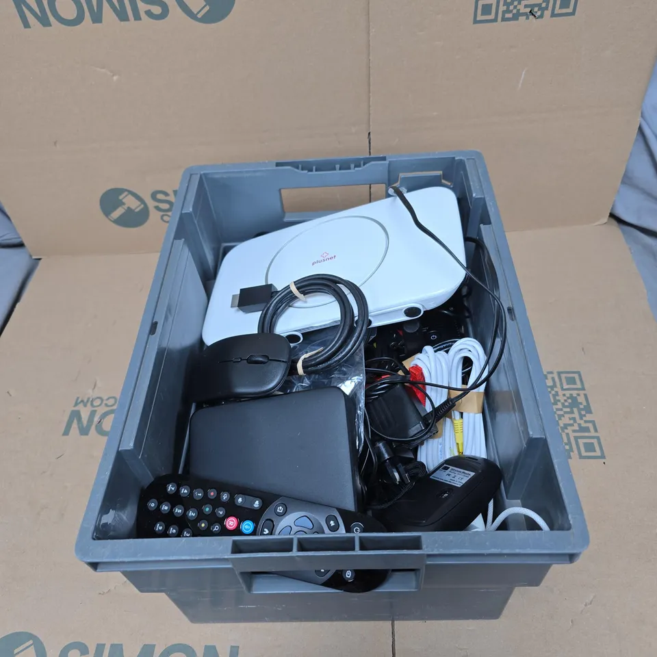 TOTE OF APPROXIMATELY 15 ASSORTED HOUSEHOLD ITEMS TO INCLUDE ROUTERS, REMOTE CONTROL, MOUSE, CABLES ETC