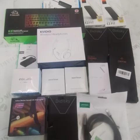 BOX CONTAINING LARGE AMOUNT OF BOXED ELECTRICAL ITEMS TO INCLUDE: WIRELESS HEADPHONES, PC KEYBOARD, WIRELESS EARPHONES, PHONE CASES, CHARGING CABLES ETC.