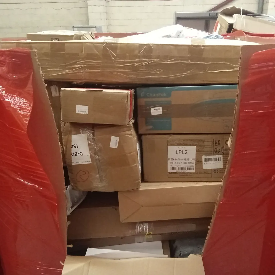 PALLET OF ASSORTED HOUSEHOLD GOODS AND PRODUCTS TO INCLUDE; PANDA PILLOW, CEILING FAN WITH LIGHT, KIDS TRAMPOLINE ETC
