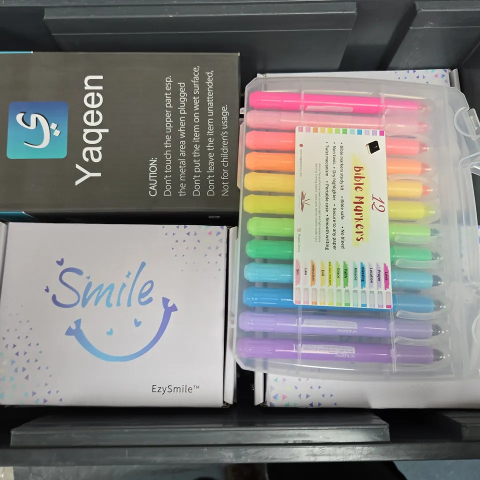 APPROXIMATELY 10 ASSORTED HOUSEHOLD ITEMS TO INCLUDE ELECTRIC INCENSE BURNER. EZYSMILE DENTURES, BIBLE MARKES, ETC