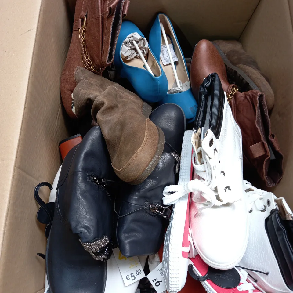 BOX OF APPROX 10 PAIRS OF ASSORTED WOMENS SHOES IN VARIOUS COLOURS, STYLES AND SIZES