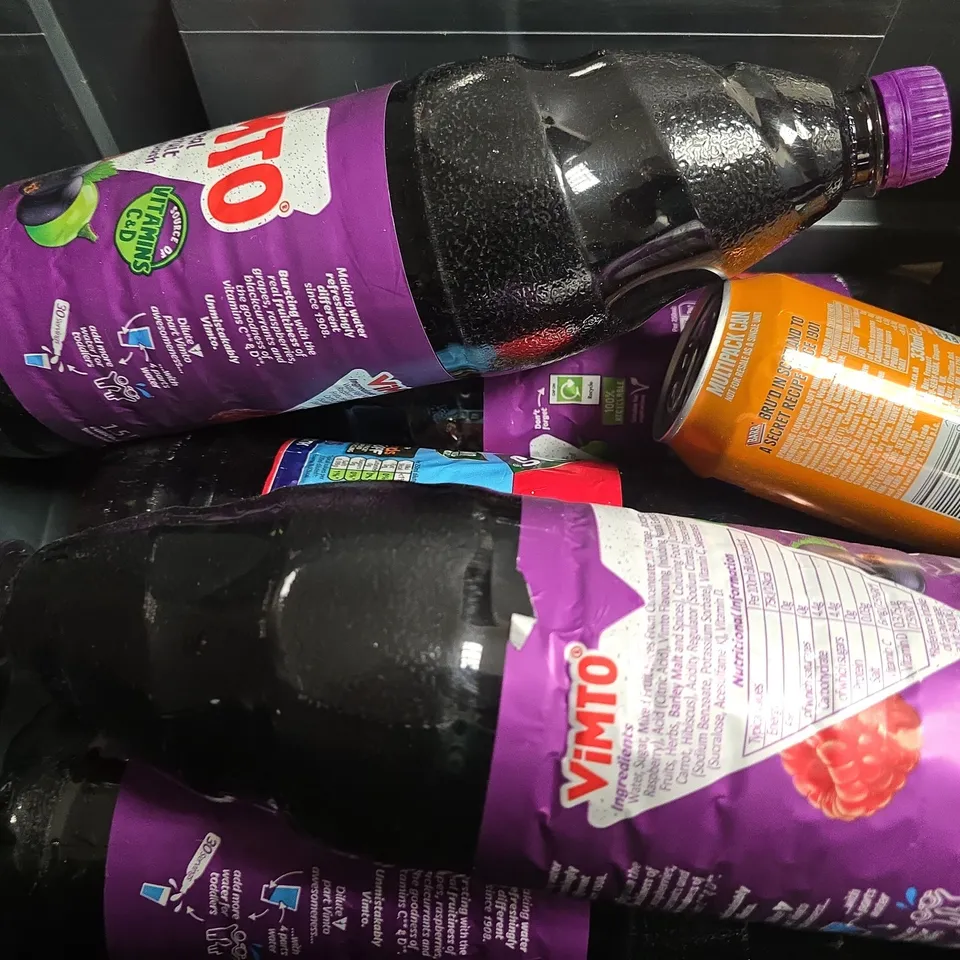 APPROXIMATELY 7 ASSORTED FOOD & DRINK ITEMS TO INCLUDE - VIMTO , IRN BRU , CAFFEE MATE ETC