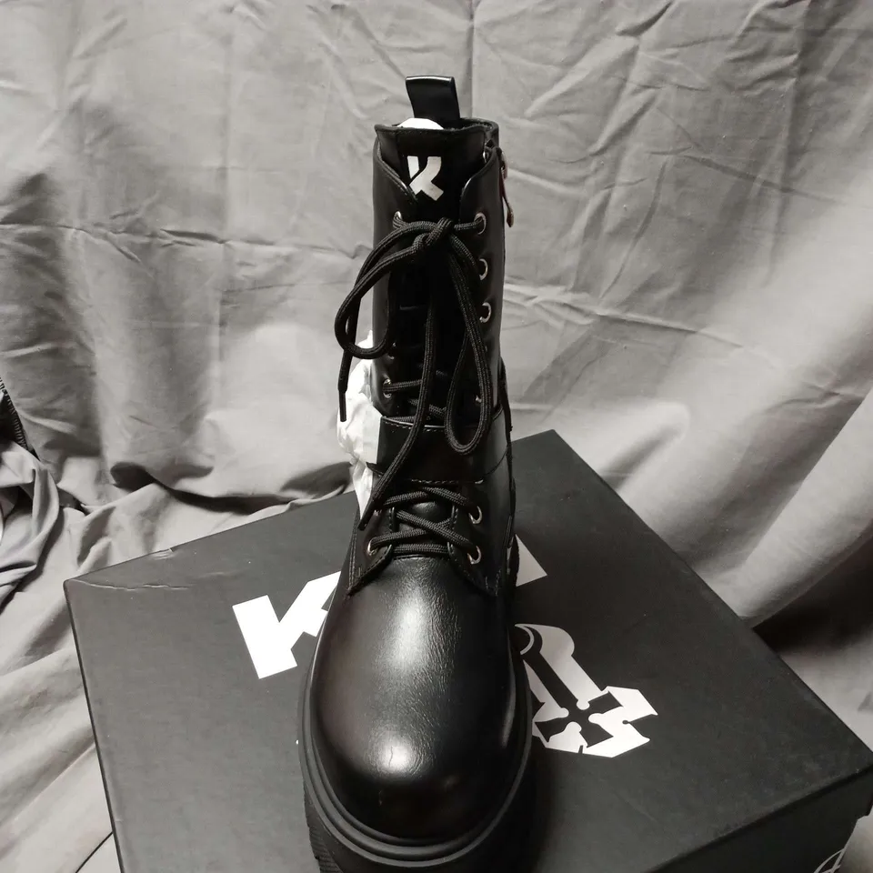 KOI BLACK LEATHER COMBAT BOOTS WITH THICK PLATFORM SOLE – UK SIZE 4