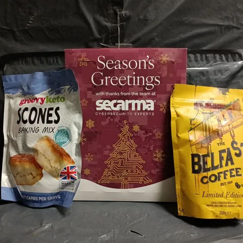 APPROXIMATELY 10 ASSORTED FOOD AND DRINK ITEMS TO INCLUDE COFFEE, SCONES BAKING MIX, ETC