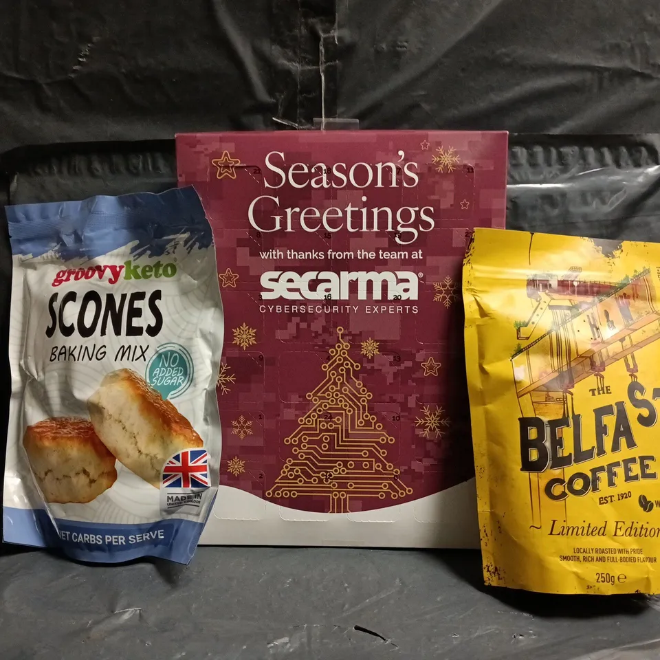 APPROXIMATELY 10 ASSORTED FOOD AND DRINK ITEMS TO INCLUDE COFFEE, SCONES BAKING MIX, ETC