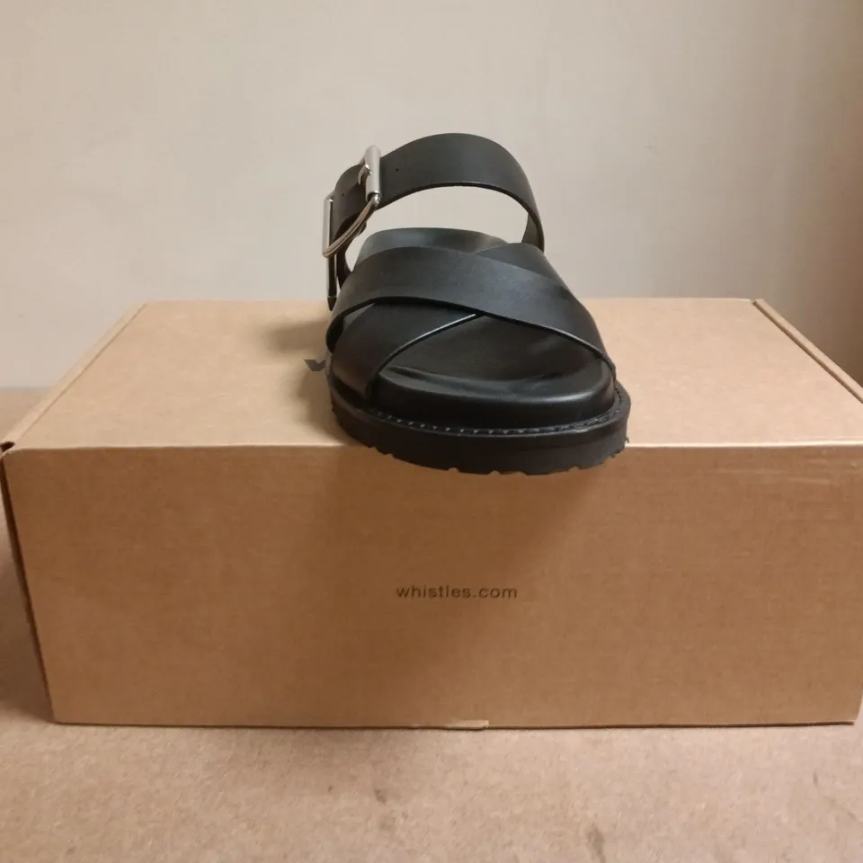 BOXED PAIR OF WHISTLES OPEN TOE SANDALS IN BLACK SIZE EU 38
