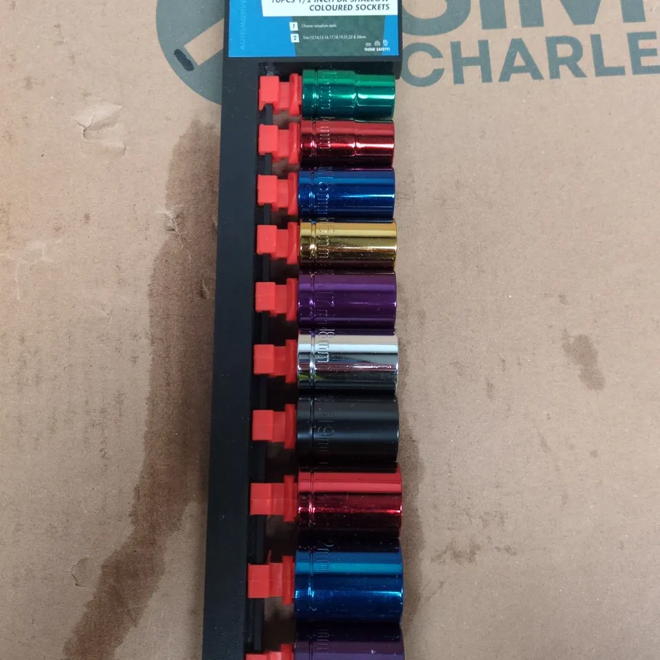 TOOLZONE 10PC 1/2IN DRIVE SHALLOW COLOURED SOCKETS SET