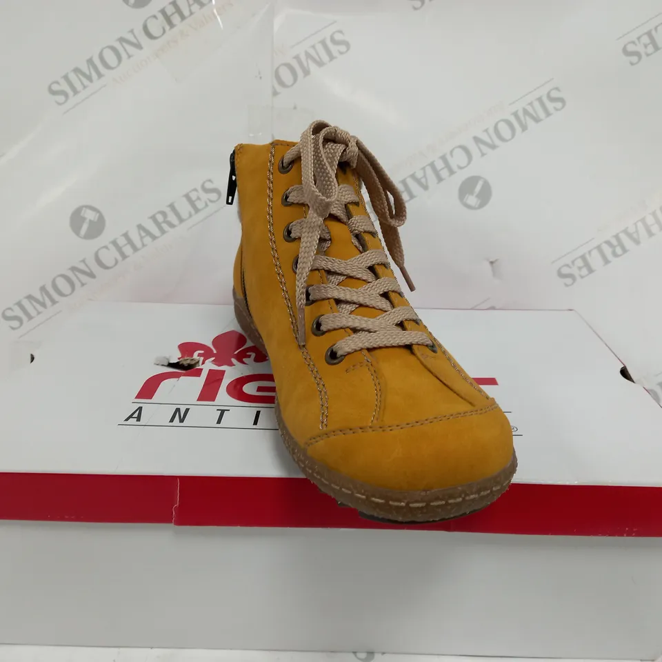 BOXED RIEKER LACE ANKLE BOOTS, YELLOW - SIZE 6