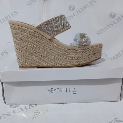 BOXED PAIR OF HEAD OVER HEELS DOUBLE BAND WEDGE SHOES IN NUDE COLOUR W. JEWEL EFFECT SIZE 4