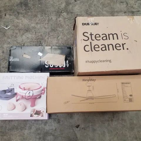 PALLET OF ASSORTED PRODUCTS INCLUDING CEILING FAN, STEAM CLEANER, KNITTING MACHINE, STAINLESS STEEL FAUCET