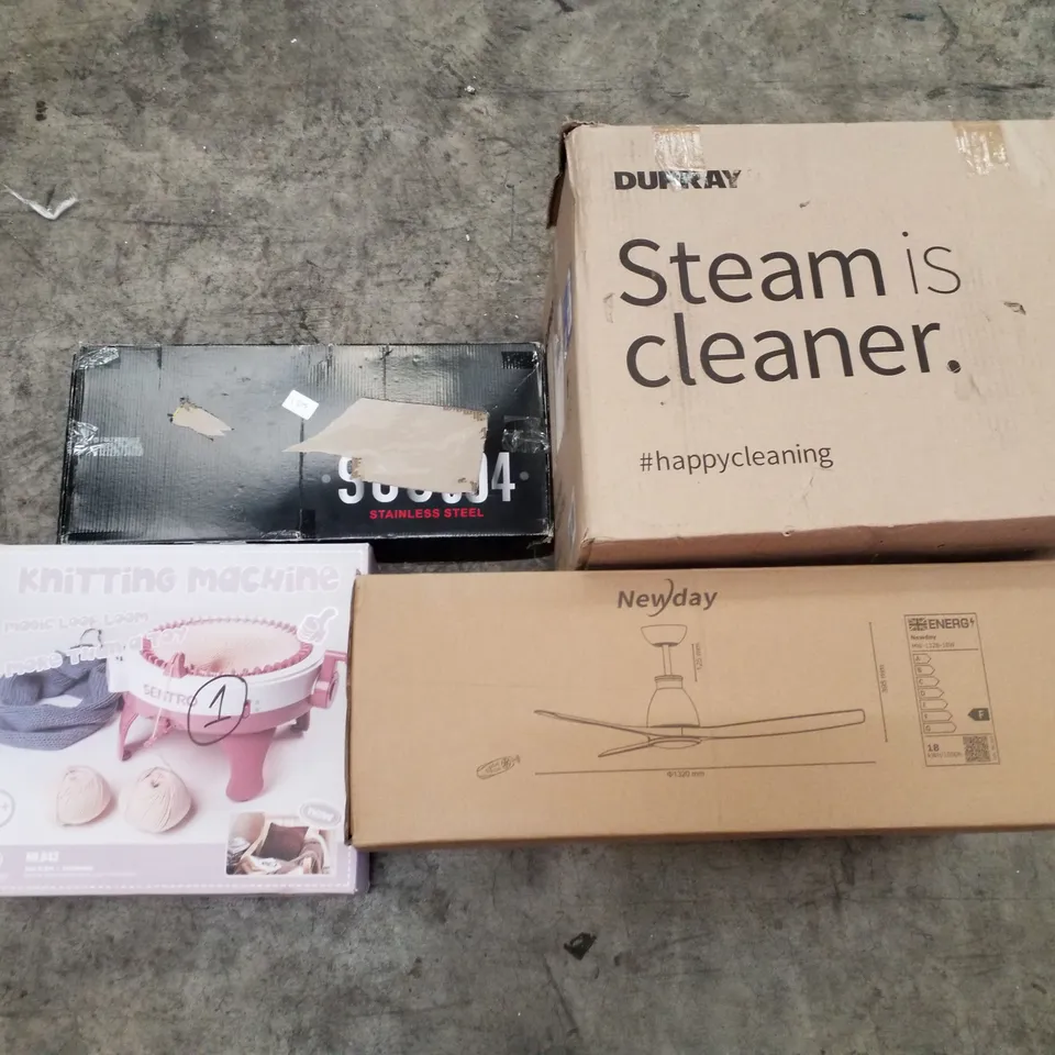 PALLET OF ASSORTED PRODUCTS INCLUDING CEILING FAN, STEAM CLEANER, KNITTING MACHINE, STAINLESS STEEL FAUCET