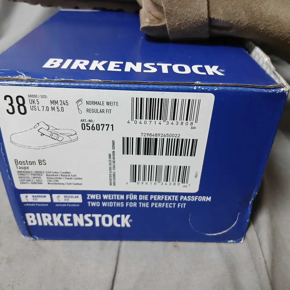 BIRKENSTOCK BOSTON SUEDE CLOGS – TAUPE, UK 5 (EU 38)