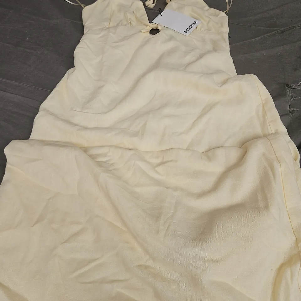 BERSHKA HALTERNECK CUT OUT MIDI DRESS, ECRU - UK SIZE S
