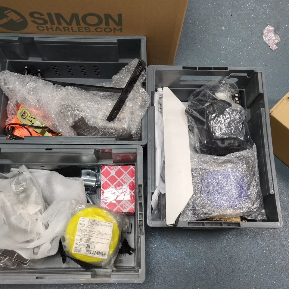 CAGE OF ASSORTED CAR AND TOOL ITEMS TO INCLUDE MODULE CONTROLLER, AIR FILTER, RACHET STRAPS AND CADWELL WELD METAL