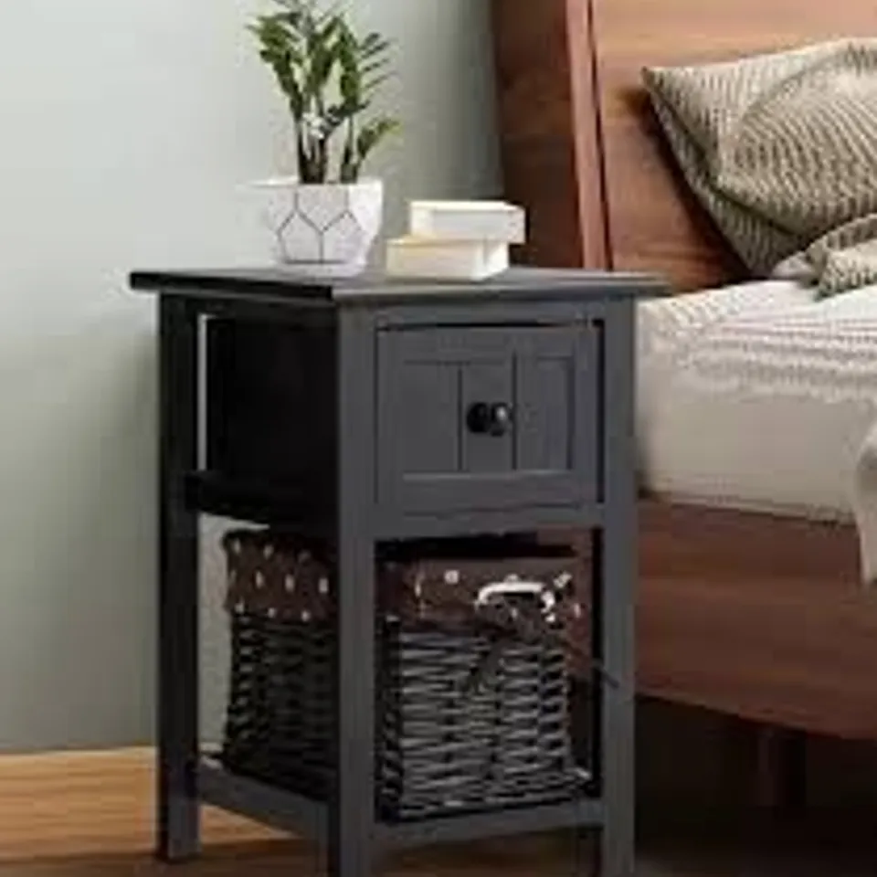 BOXED COSTWAY SINGLE DRAWER SINGLE SHELF BLACK WOOD SIDE TABLE WITH BASKET