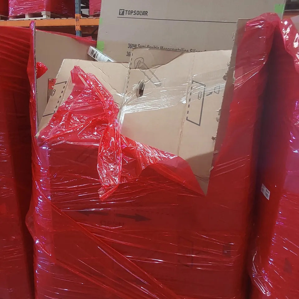 PALLET CONTAINING A VERY LARGE QUANTITY OF ASSORTED ITEMS INCLUDING: 360W SOLAR PANEL, KEYBOARD TRAY, BLINDS ECT