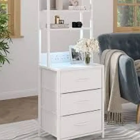 BOXED BEDSIDE TABLE WITH 3 DRAWERS AND CHARGING STATION - WHITE