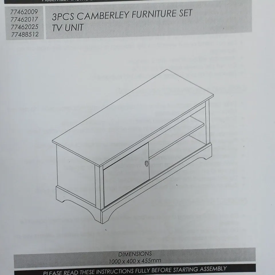 BOXED STUDIO 3 PIECE CAMBERLEY FURNITURE SET TV UNIT CREAM AND OAK 100X40X45.5CM- COLLECTION ONLY