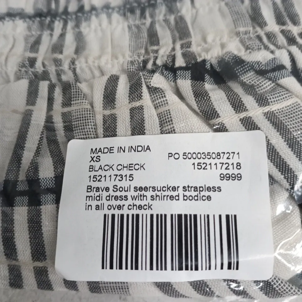 BRAVE SOUL LONDON SEERSUCKER STRAPLESS MIDI DRESS – BLACK CHECK, XS