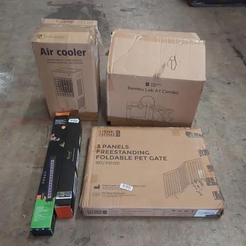 PALLET OF ASSORTED HOUSEHOLD GOODS AND PRODUCTS TO INCLUDE; BAMBU LAB A1 COMBO 3D PRINTER, AQUARIUM LED LIGHTS, AIR COOLER, BABY GATES ETC