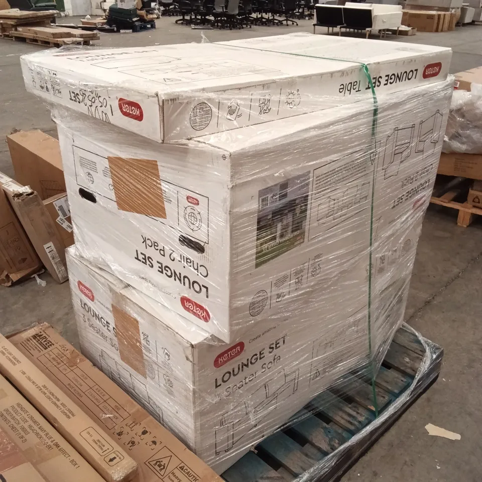 BOXED KETER LOUNGE SET, TABLE, CHAIRS AND SOFA SET - BLACK (3 BOXES/1 PALLET)