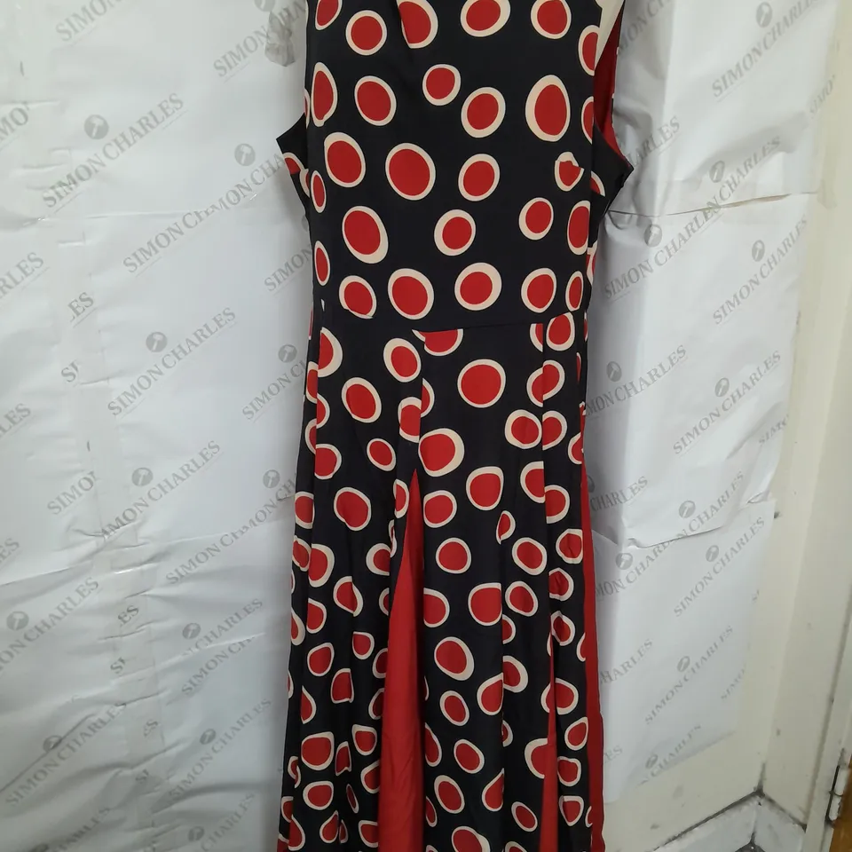HOTSQUASH CONTRAST PANEL SLEEVELESS MIDI DRESS IN BLACK AND RED POLKA DOTS SIZE 18