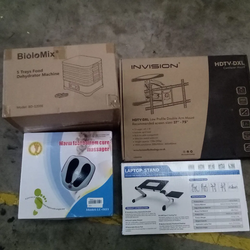PALLET OF ASSORTED ITEMS INCLUDING LAPTOP STAND, 5 TRAYS FOOD DEHYDRATOR MACHINE, FOOTBOTTOM CURE MASSAGER,LOW PROFILE DOUBLE ARM TV MOUNT  