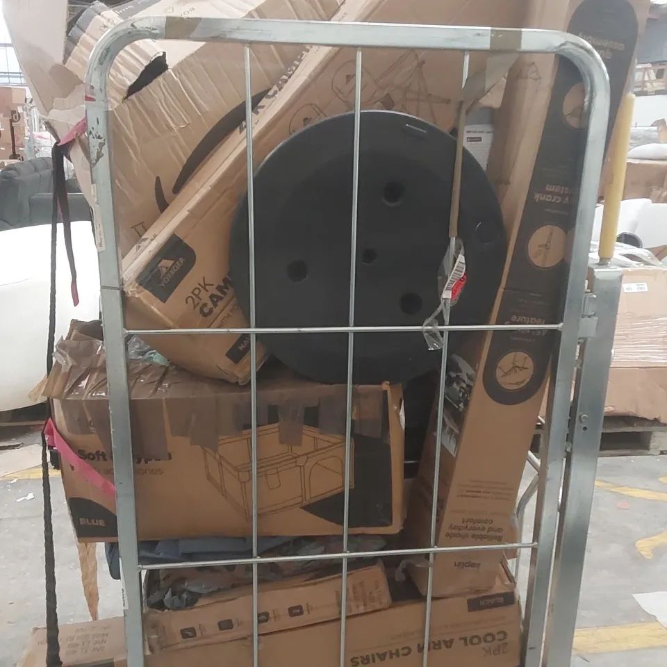 CAGE CONTAINING A LARGE QUANTITY OF ASSORTED ITEMS INCLUDING: SUITCASES, GARDEN PARASOL, BABY PLAYPEN, CAMPING CHAIRS ECT // CAGE NOT INCLUDED