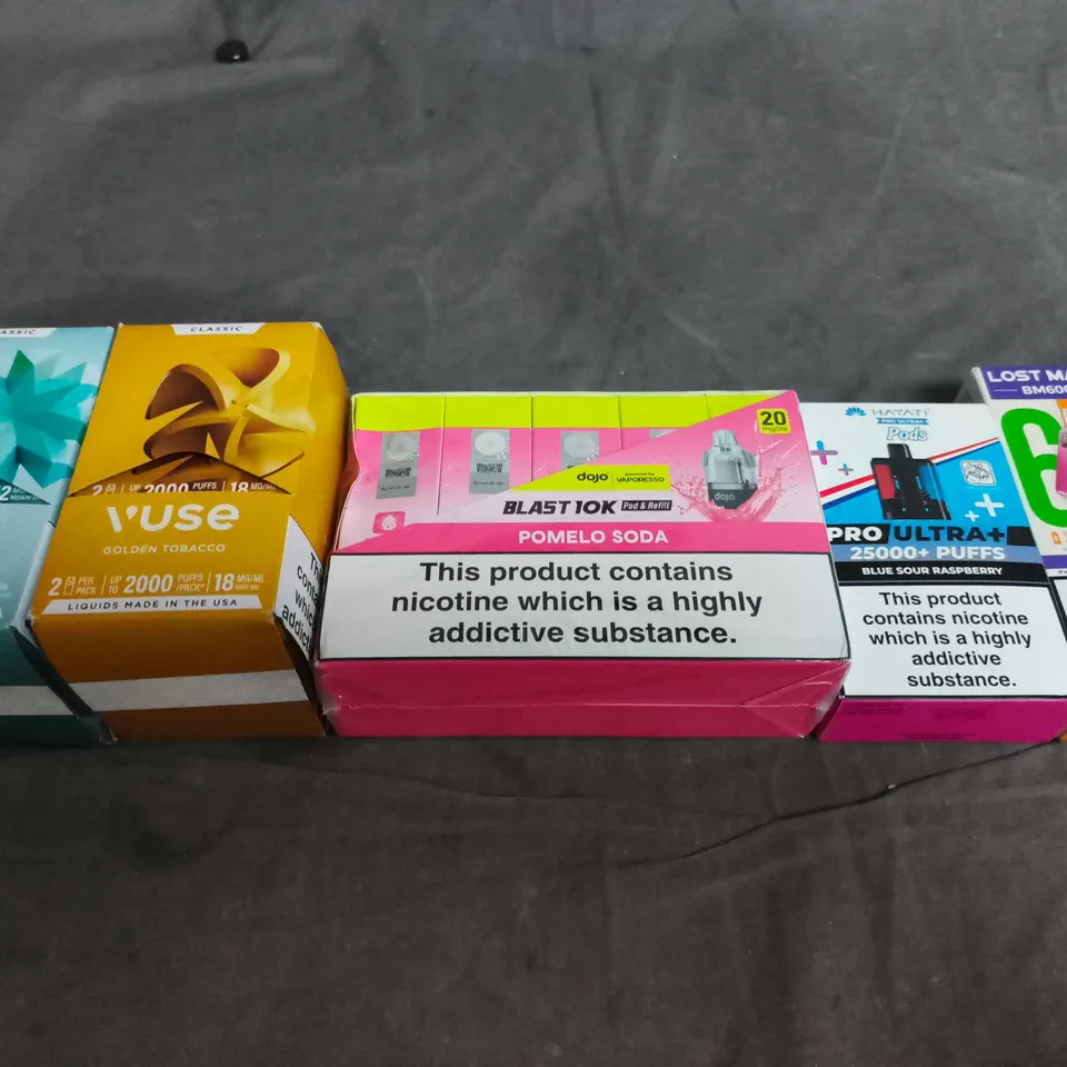 APPROXIMATELY 15 ASSORTED E-CIGARETTE AND VAPE PRODUCTS TO INCLUDE VUSE, LOST MARY, BLAST ETC 