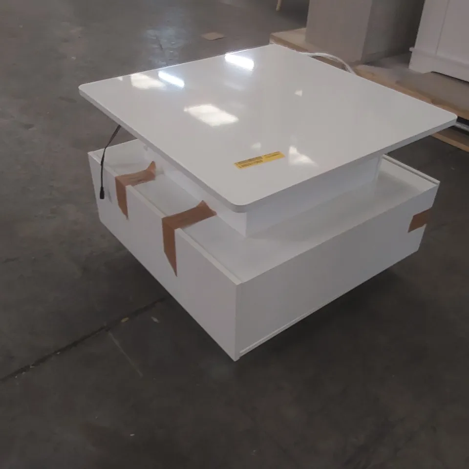 HIGH GLOSSY LIFT UP COFFEE TABLE WITH LED LIGHT STRING AND 2 DRAWERS, 60X60X45CM COLOUR: WHITE