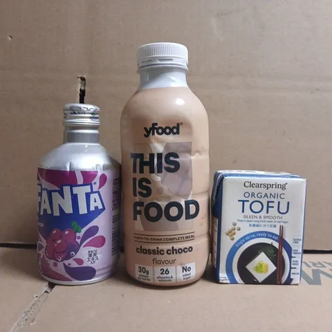 APPROXIMATELY 18 ASSORTED FOOD AND DRINK ITEMS TO INCLUDE FANTA, YFOOD, TOFU, ETC