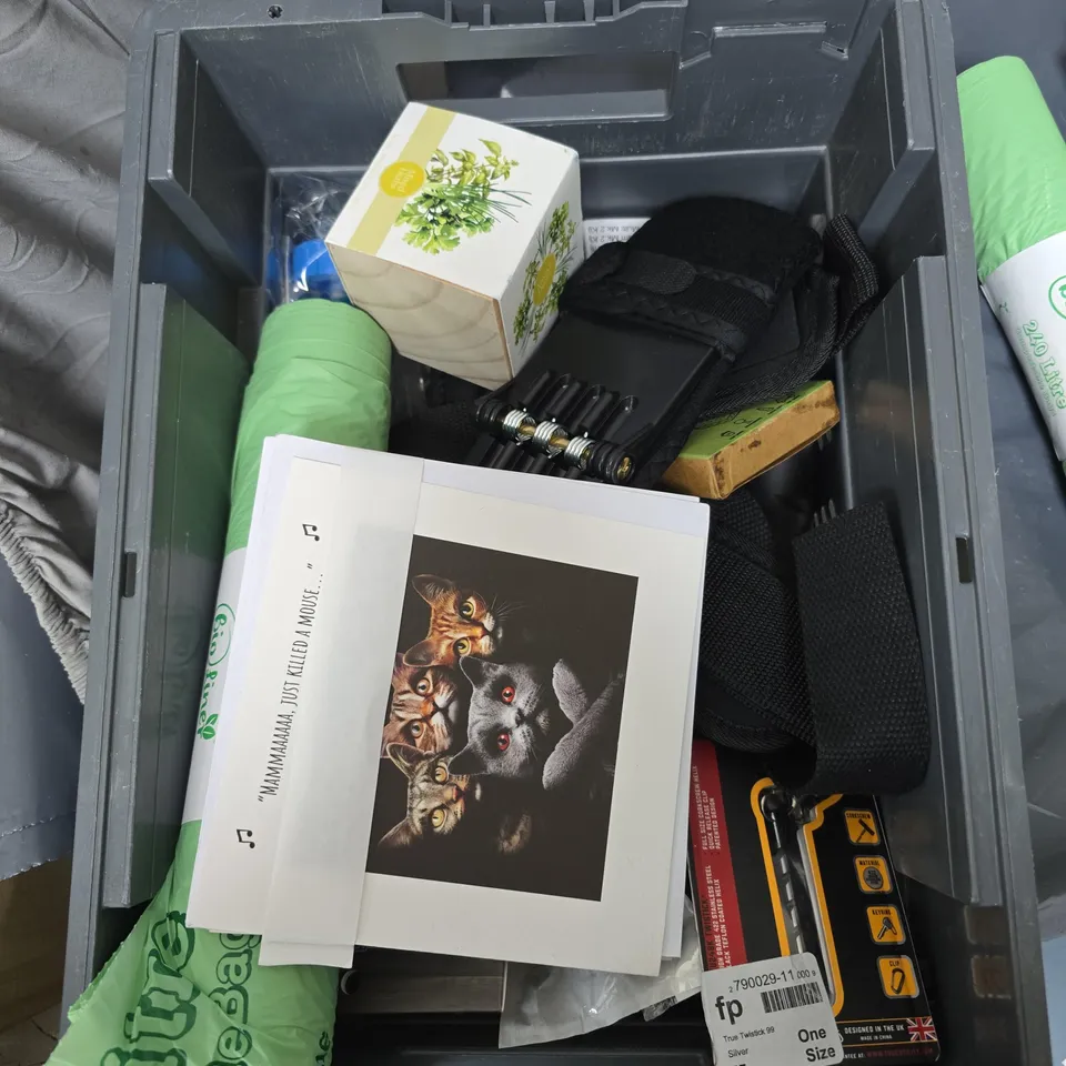 APPROXIMATELY 15 ASSORTED HOUSEHOLD ITEMS TO INCLUDE PLASTIC PLIERS, 10" SCRAPER, MIXED HERBS, JOINT SUPPORT & REFUSE BAGS 