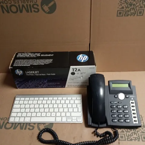 BOX OF APPROXIMATELY 15 ASSORTED ELECTRICAL PRODUCTS TO INCLUDE PRINTER TONER, KEYBOARDS AND DESKTOP TELEPHONES