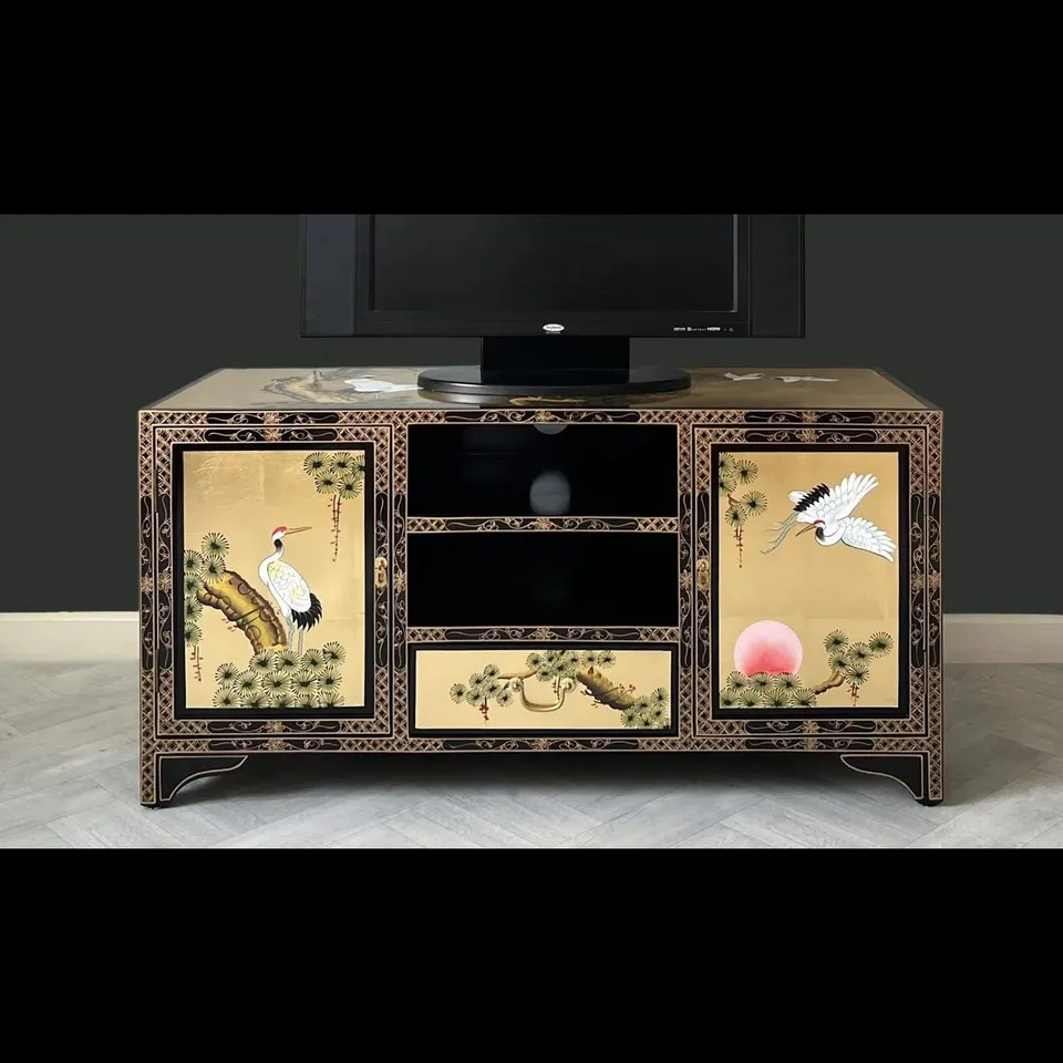 BOXED DELARYD GOLD LEAF HAND PAINTED TV CABINET MEDIA STAND FOR TVS (1 BOX)