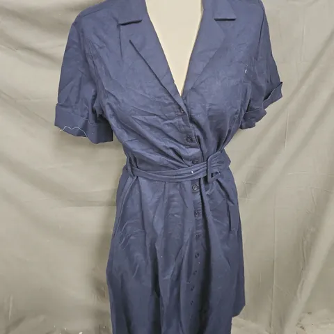 CREW CLOTHING COMPANY AVA BELTED LINEN BLEND SHIRT DRESS IN NAVY SIZE 14
