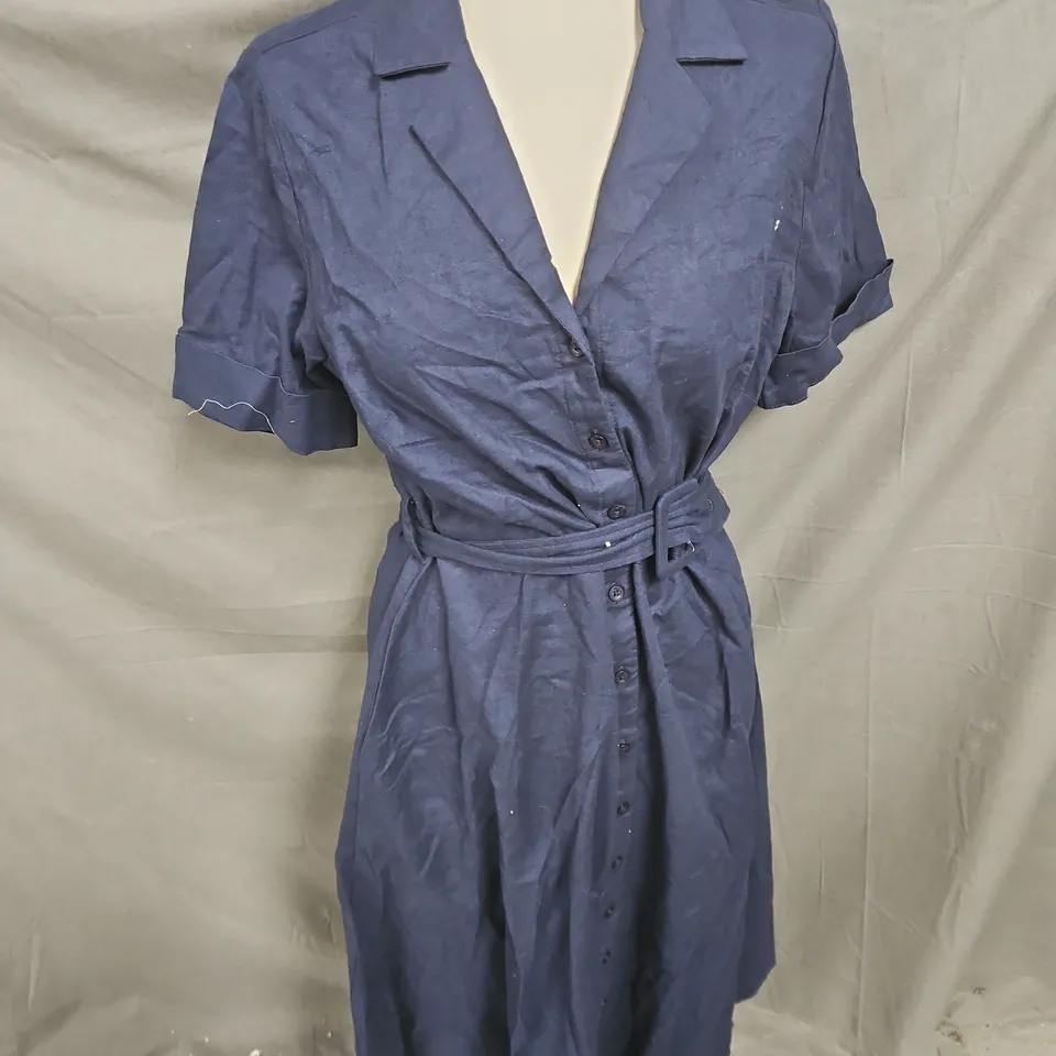CREW CLOTHING COMPANY AVA BELTED LINEN BLEND SHIRT DRESS IN NAVY SIZE 14