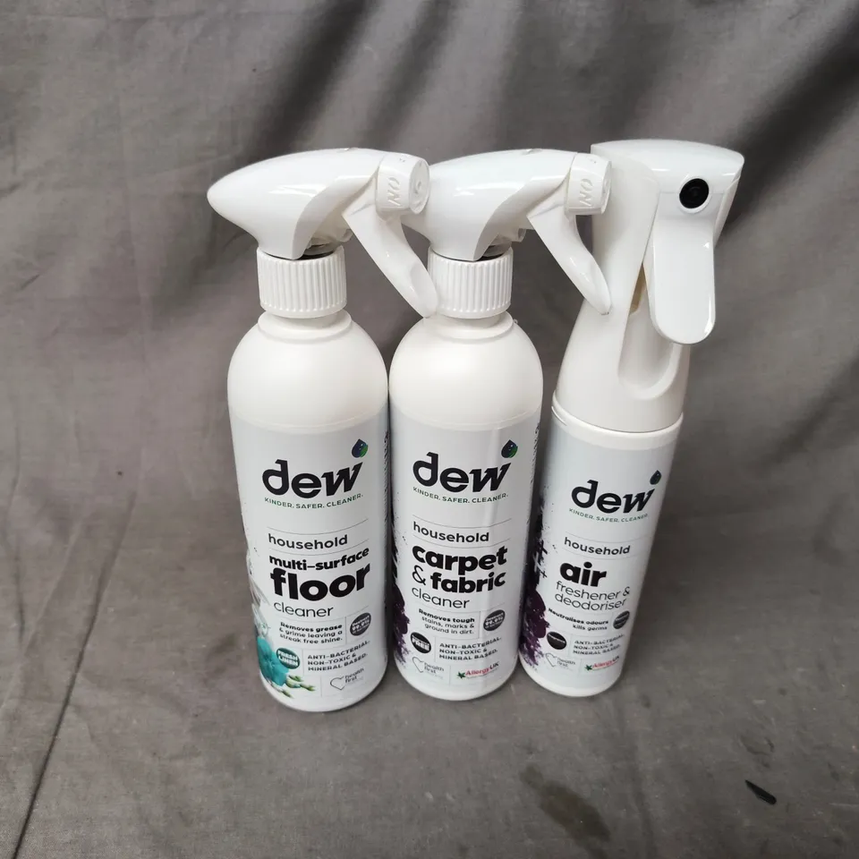 DEW HOUSEHOLD CLEANING TRIO TO INCLUDE MULTI SURFACE CLEANER, AIR FRESHENER, CARPET & FABRIC CLEANER