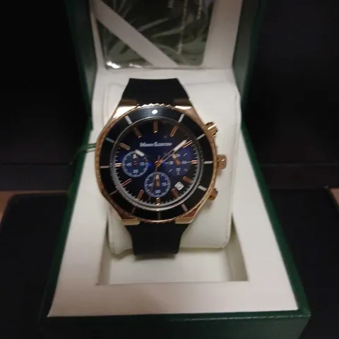 MANN EGERTON ASTRO ROSE BLUE WATCH – ROSE GOLD CASE, BLACK STRAP