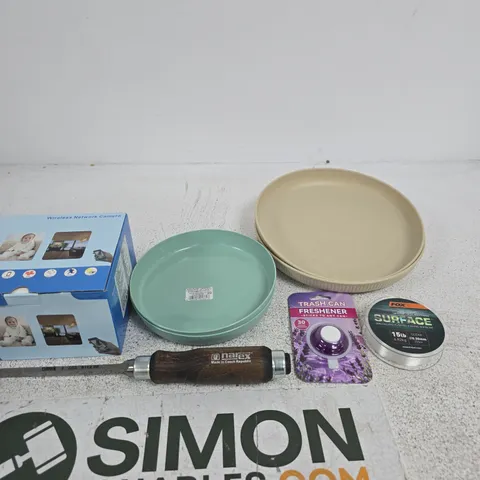 TOTE OF APPROXIMATELY 10 ASSORTED ITEMS INCLUDING PLASTIC PLATES, FOX SURFACE FISHING MAINLINE AND TRASH CAN FRESHENER