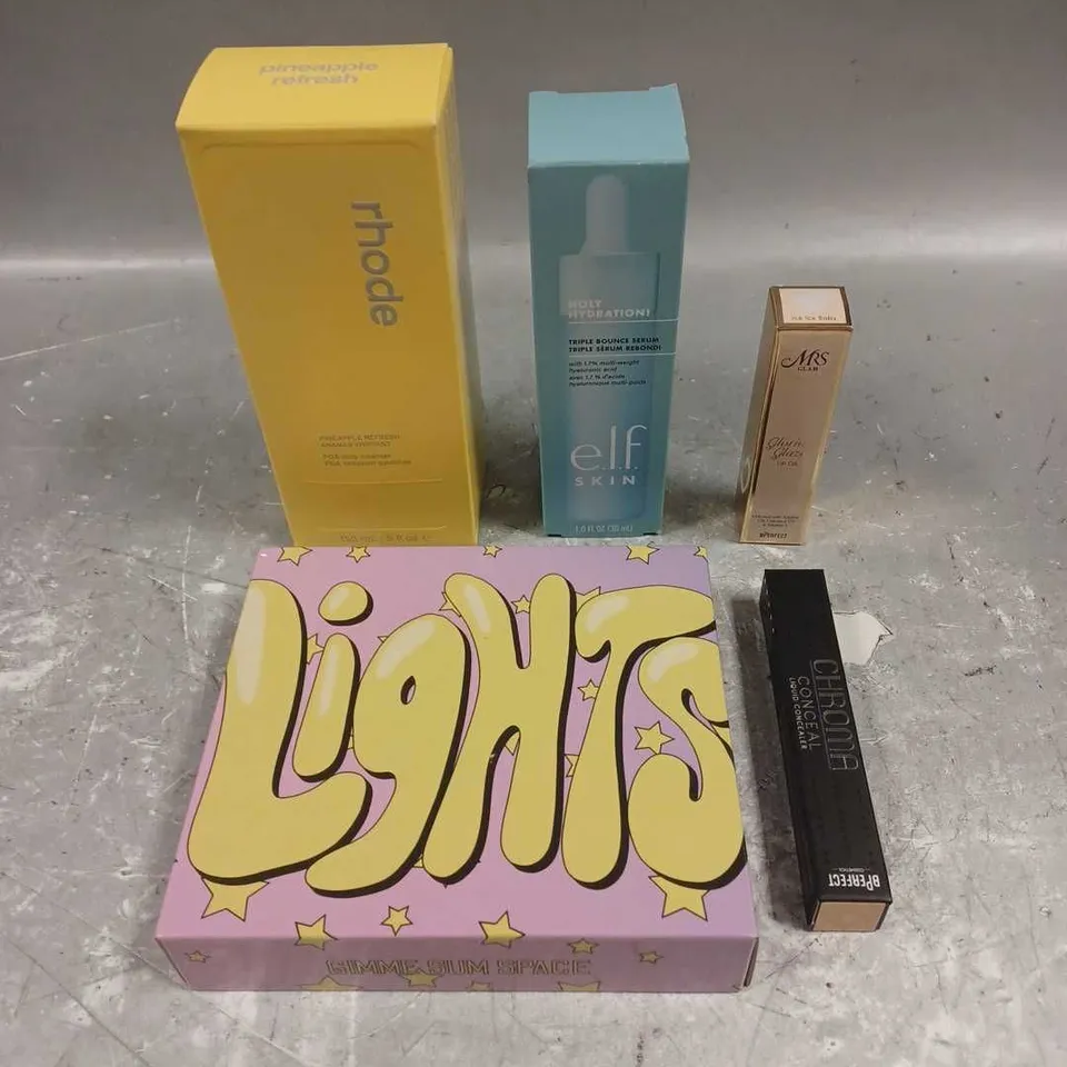 LOT OF 5 ASSORTED COSMETIC PRODUCTS TO INCLUDE - RHODE PINEAPPLE REFRESH - ELF SKIN TRIPLE BOUNCE SERUM - MADE BY MITCHELL BLURSH PRESSED LIGHTS HIGHLIGHTER DUO - ETC