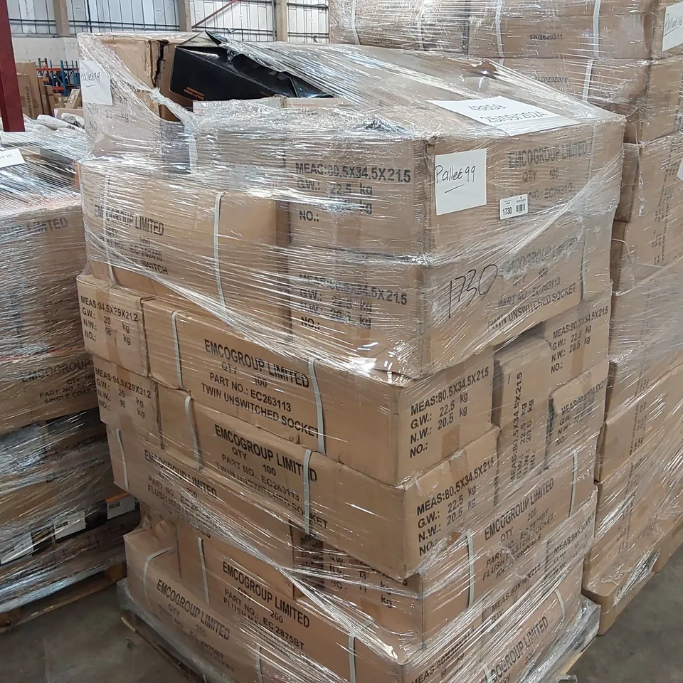 PALLET OF ASSORTED ELECTRICAL ITEMS/COMPONENTS TO INCLUDE: EC2875BT x 2356, EC2120IAS x 825, EC262410 x 1053, EC263113 x 700