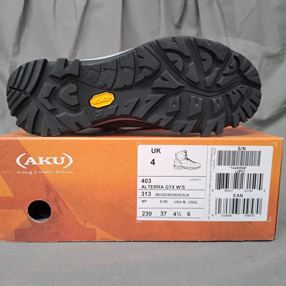 BOXED PAIR OF AKU ALTERRA GTX ANKLE BOOTS IN BEIGE/BROWN/BORDEAUX UK SIZE 4