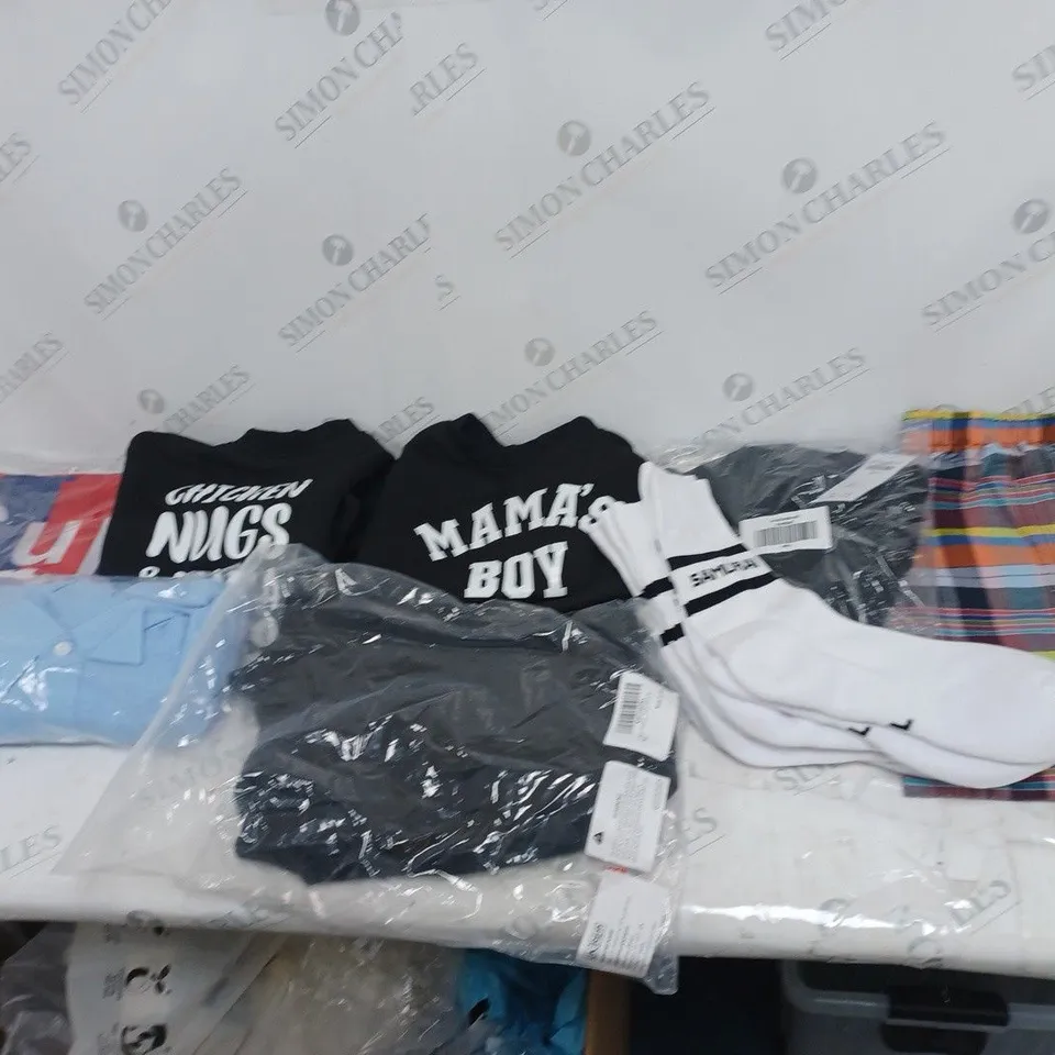 BOX OF ASSORTED CLOTHING ITEMS TO INCLUDE SOCKS, PYJAMAS, JUMPERS ETC 
