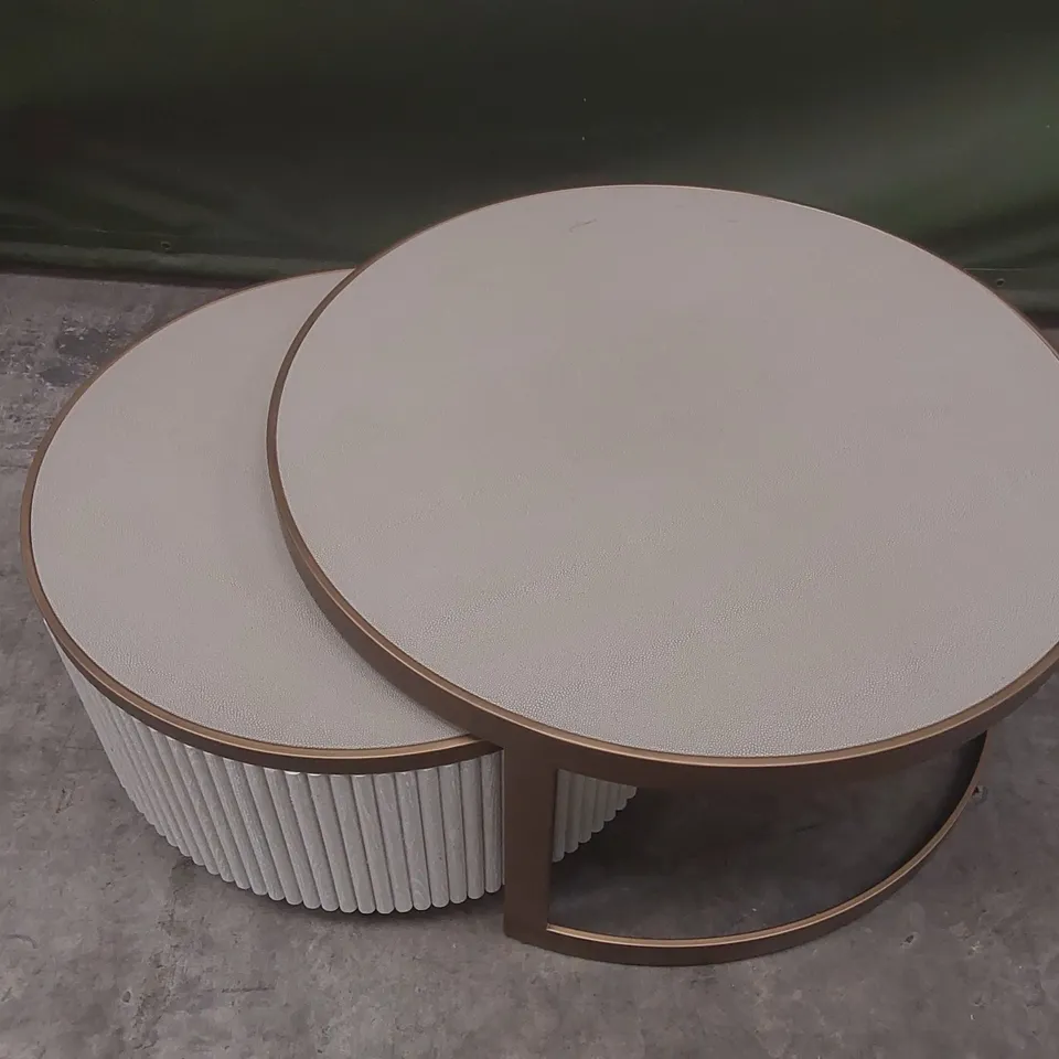 SERENITY IVORY AND BRASS REEDED SET OF 2 COFFEE TABLES